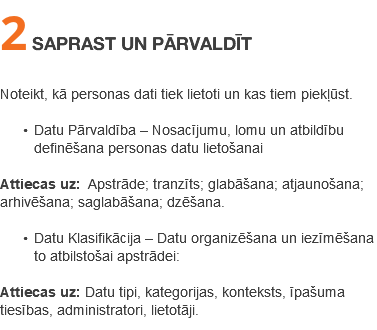 2 SAPRAST UN PĀRVALDĪT Noteikt, kā personas dati tiek lietoti un kas tiem piekļūst. Datu Pārvaldība – Nosacījumu, lomu un atbildību definēšana personas datu lietošanai Attiecas uz: Apstrāde; tranzīts; glabāšana; atjaunošana; arhivēšana; saglabāšana; dzēšana. Datu Klasifikācija – Datu organizēšana un iezīmēšana to atbilstošai apstrādei: Attiecas uz: Datu tipi, kategorijas, konteksts, īpašuma tiesības, administratori, lietotāji.